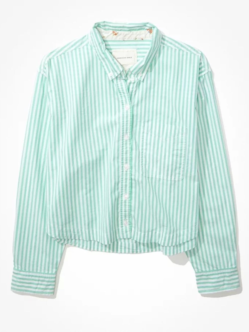 American Eagle Outfitters Mint Green Striped Crop Button-Up